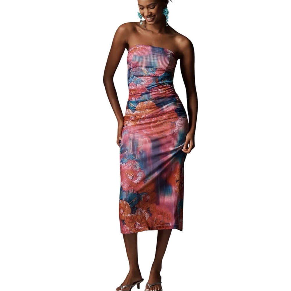 NWT Anthropologie The Soleil Slim Strapless Ruched Mesh Dress stretchy (S)